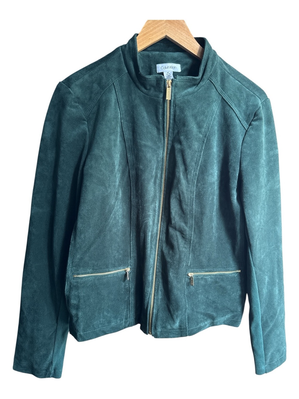 Calvin Klein Faux Suede Malachite Green Style K8GCO197 Gold Zipper Jacket Lined